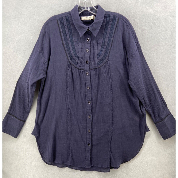 We the Free People Shirt Womens Sz S Button Up Amore‎ Amore Tunic Blouse Navy - Picture 1 of 16